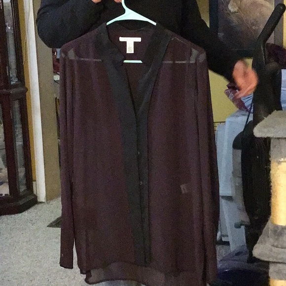 KENNETH COLE women’s blouse, sheer, sz L  purple with black trim - Picture 1 of 8